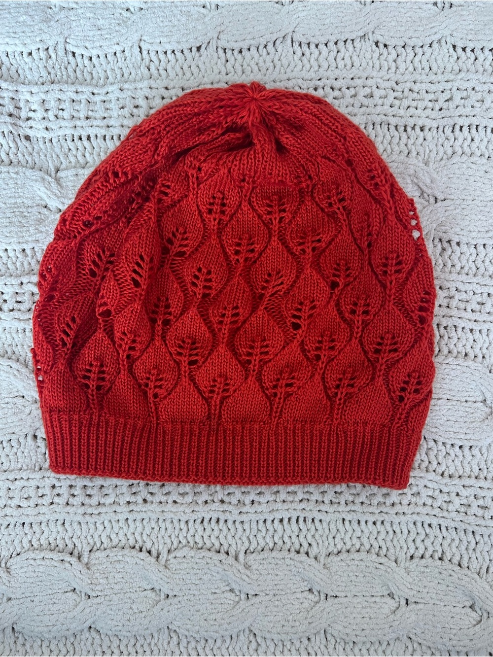 Red Knit Lace-Pattern Beanie